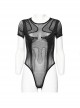 Sexy Black Stretch Mesh Patchwork Knitted Taped Punk Style Short Sleeved Bodysuit