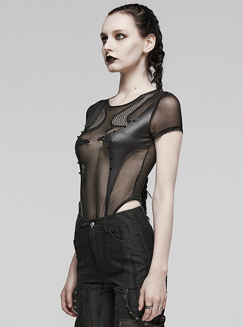 Sexy Black Stretch Mesh Patchwork Knitted Taped Punk Style Short Sleeved Bodysuit