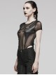 Sexy Black Stretch Mesh Patchwork Knitted Taped Punk Style Short Sleeved Bodysuit