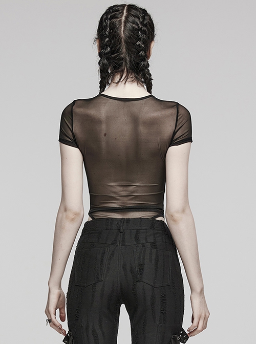 Sexy Black Stretch Mesh Patchwork Knitted Taped Punk Style Short Sleeved Bodysuit