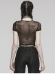 Sexy Black Stretch Mesh Patchwork Knitted Taped Punk Style Short Sleeved Bodysuit