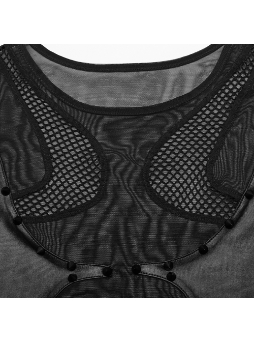 Sexy Black Stretch Mesh Patchwork Knitted Taped Punk Style Short Sleeved Bodysuit