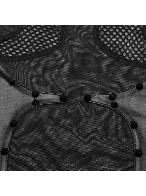 Sexy Black Stretch Mesh Patchwork Knitted Taped Punk Style Short Sleeved Bodysuit