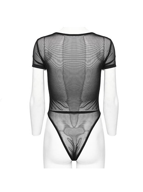 Sexy Black Stretch Mesh Patchwork Knitted Taped Punk Style Short Sleeved Bodysuit