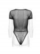 Sexy Black Stretch Mesh Patchwork Knitted Taped Punk Style Short Sleeved Bodysuit