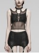 Black Hollow Stretch Mesh Spliced Knitted Front Center Metal Studs With Metal Hoop Decoration Punk Style See Through Vest