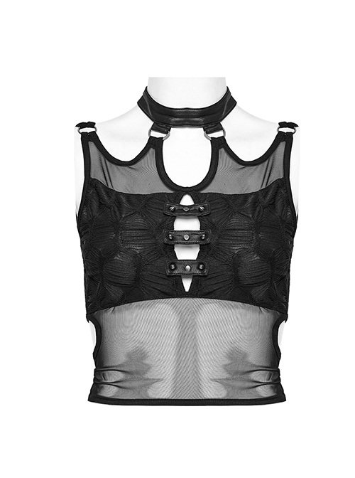 Black Hollow Stretch Mesh Spliced Knitted Front Center Metal Studs With Metal Hoop Decoration Punk Style See Through Vest