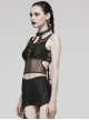 Black Hollow Stretch Mesh Spliced Knitted Front Center Metal Studs With Metal Hoop Decoration Punk Style See Through Vest