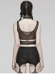 Black Hollow Stretch Mesh Spliced Knitted Front Center Metal Studs With Metal Hoop Decoration Punk Style See Through Vest