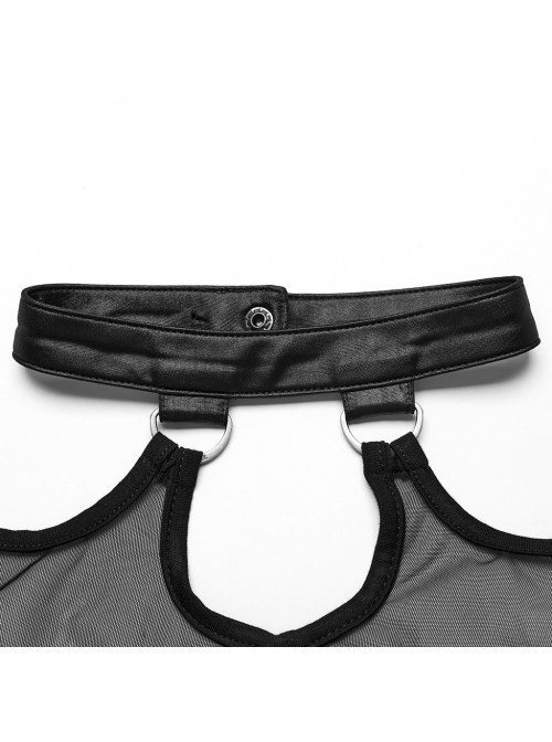 Black Hollow Stretch Mesh Spliced Knitted Front Center Metal Studs With Metal Hoop Decoration Punk Style See Through Vest