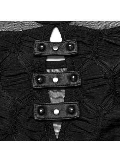 Black Hollow Stretch Mesh Spliced Knitted Front Center Metal Studs With Metal Hoop Decoration Punk Style See Through Vest