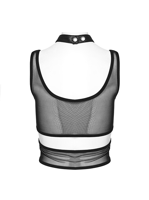 Black Hollow Stretch Mesh Spliced Knitted Front Center Metal Studs With Metal Hoop Decoration Punk Style See Through Vest