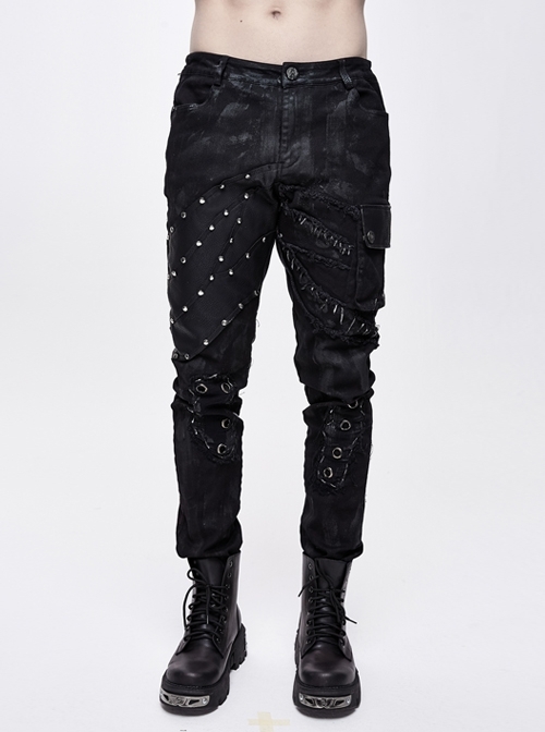 Black Twill Rivet Mesh Irregular Patchwork Side Pockets Distressed Punk Pants