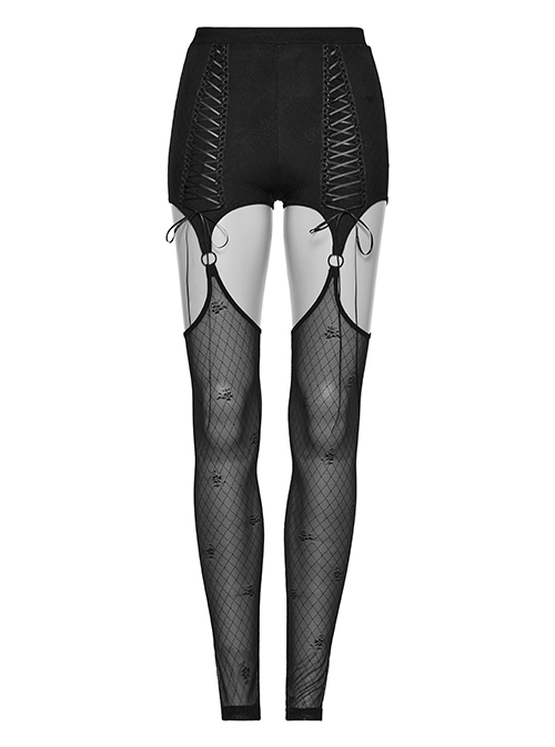 Sexy Black Suspender Stretch Mesh Front Delicate String Gothic Leggings