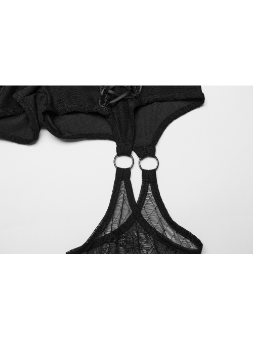 Sexy Black Suspender Stretch Mesh Front Delicate String Gothic Leggings