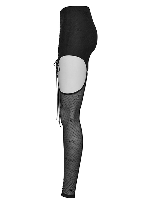 Sexy Black Suspender Stretch Mesh Front Delicate String Gothic Leggings