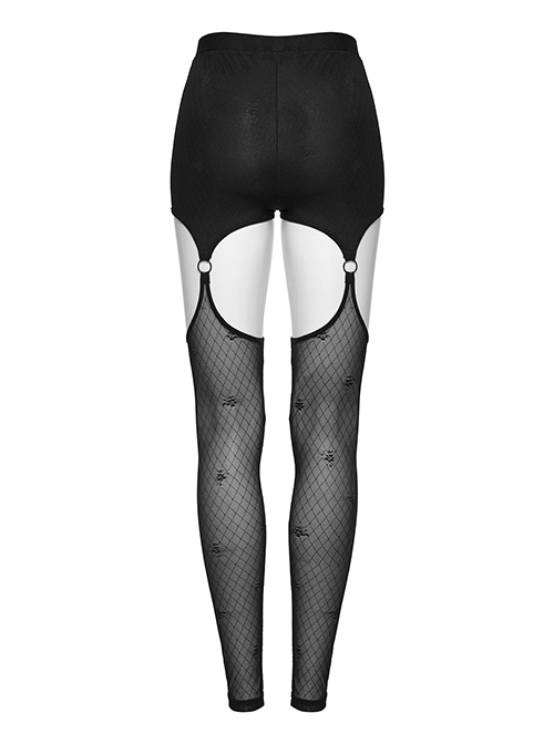 Sexy Black Suspender Stretch Mesh Front Delicate String Gothic Leggings
