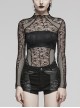 Black Cobweb Spliced Rhombus Mesh Front With Irregular Segmentation Punk Style See Through Long Sleeved T-Shirt