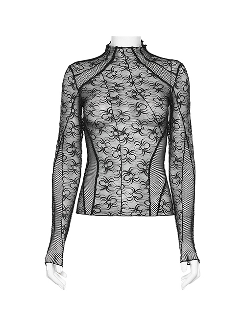 Black Cobweb Spliced Rhombus Mesh Front With Irregular Segmentation Punk Style See Through Long Sleeved T-Shirt
