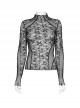 Black Cobweb Spliced Rhombus Mesh Front With Irregular Segmentation Punk Style See Through Long Sleeved T-Shirt