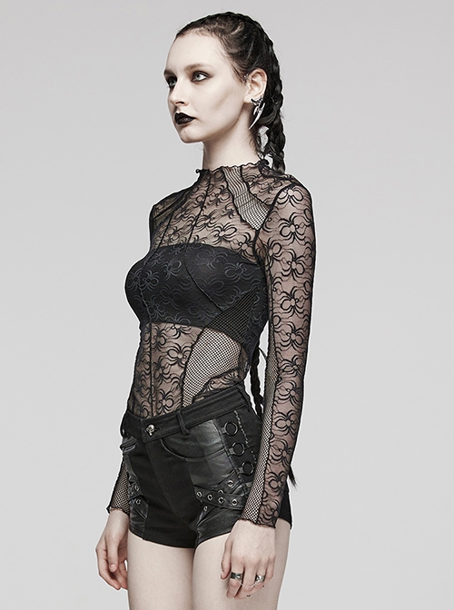 Black Cobweb Spliced Rhombus Mesh Front With Irregular Segmentation Punk Style See Through Long Sleeved T-Shirt