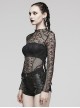 Black Cobweb Spliced Rhombus Mesh Front With Irregular Segmentation Punk Style See Through Long Sleeved T-Shirt