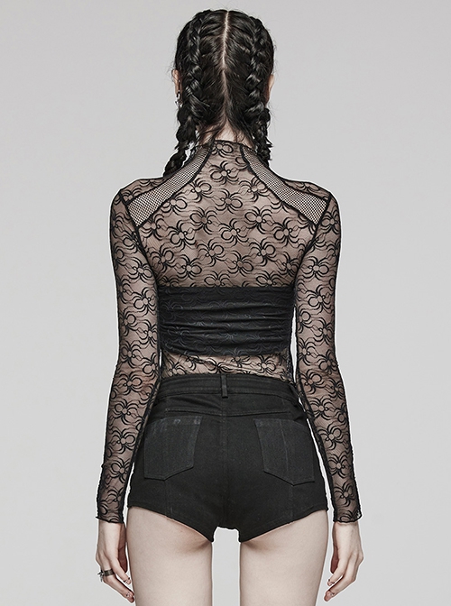 Black Cobweb Spliced Rhombus Mesh Front With Irregular Segmentation Punk Style See Through Long Sleeved T-Shirt