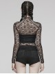 Black Cobweb Spliced Rhombus Mesh Front With Irregular Segmentation Punk Style See Through Long Sleeved T-Shirt