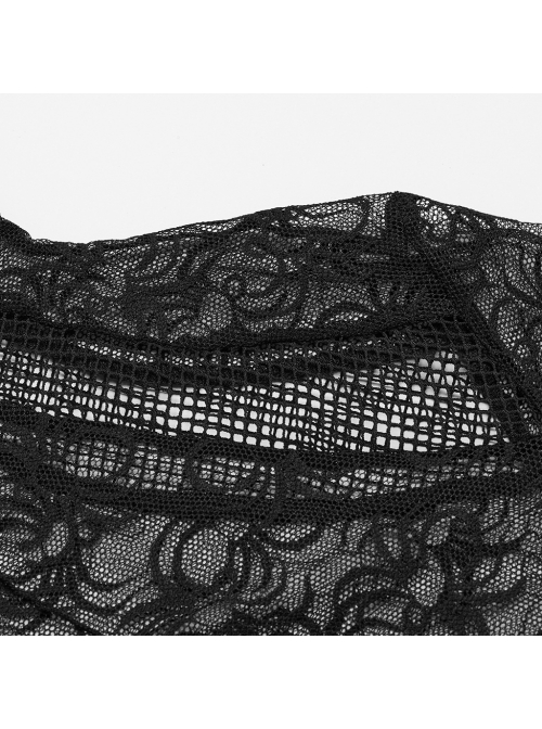 Black Cobweb Spliced Rhombus Mesh Front With Irregular Segmentation Punk Style See Through Long Sleeved T-Shirt