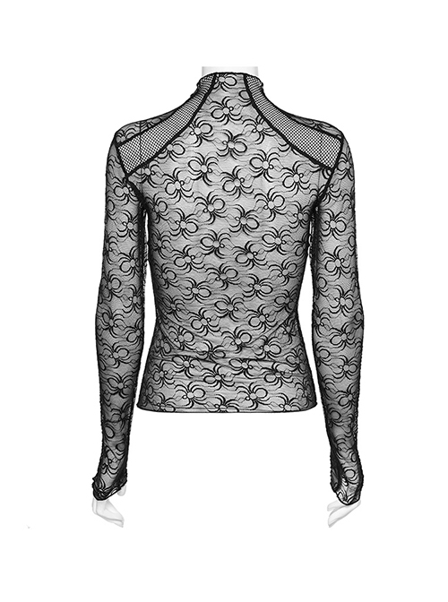 Black Cobweb Spliced Rhombus Mesh Front With Irregular Segmentation Punk Style See Through Long Sleeved T-Shirt