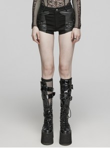Simple Black Stretch Denim Patchwork Woven Taped Front Panel With Cross Eyelet Decoration Punk Style Shorts