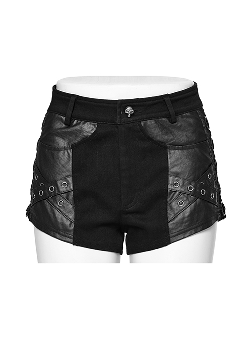 Simple Black Stretch Denim Patchwork Woven Taped Front Panel With Cross Eyelet Decoration Punk Style Shorts
