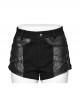 Simple Black Stretch Denim Patchwork Woven Taped Front Panel With Cross Eyelet Decoration Punk Style Shorts