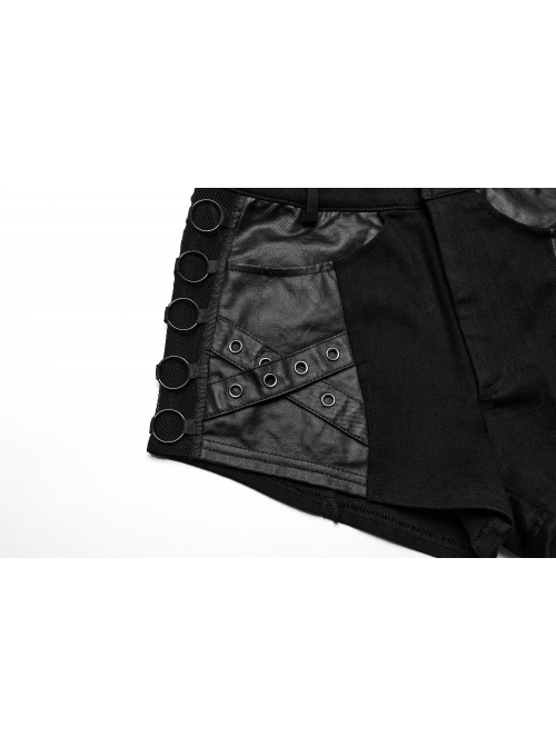 Simple Black Stretch Denim Patchwork Woven Taped Front Panel With Cross Eyelet Decoration Punk Style Shorts