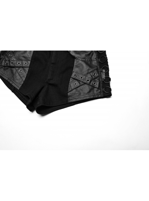 Simple Black Stretch Denim Patchwork Woven Taped Front Panel With Cross Eyelet Decoration Punk Style Shorts