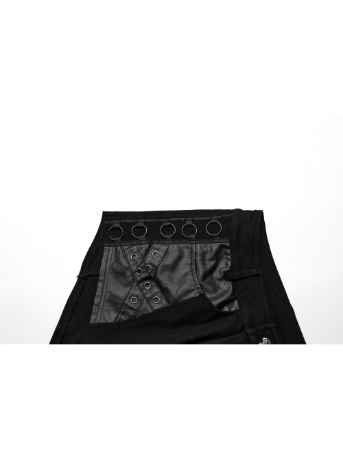 Simple Black Stretch Denim Patchwork Woven Taped Front Panel With Cross Eyelet Decoration Punk Style Shorts