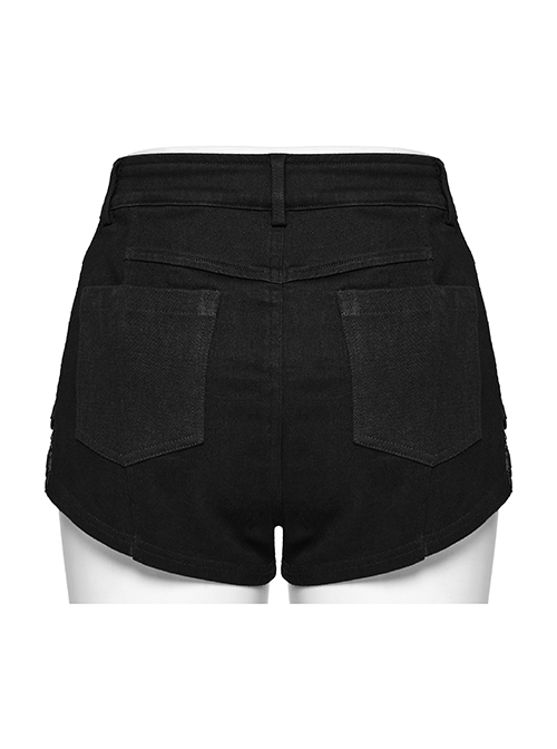 Simple Black Stretch Denim Patchwork Woven Taped Front Panel With Cross Eyelet Decoration Punk Style Shorts