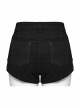 Simple Black Stretch Denim Patchwork Woven Taped Front Panel With Cross Eyelet Decoration Punk Style Shorts