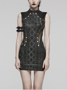 Black Stretch Snake Print Taped Patchwork Mesh Cut Out Metal Rings On The Front Punk Style Sleeveless Dress