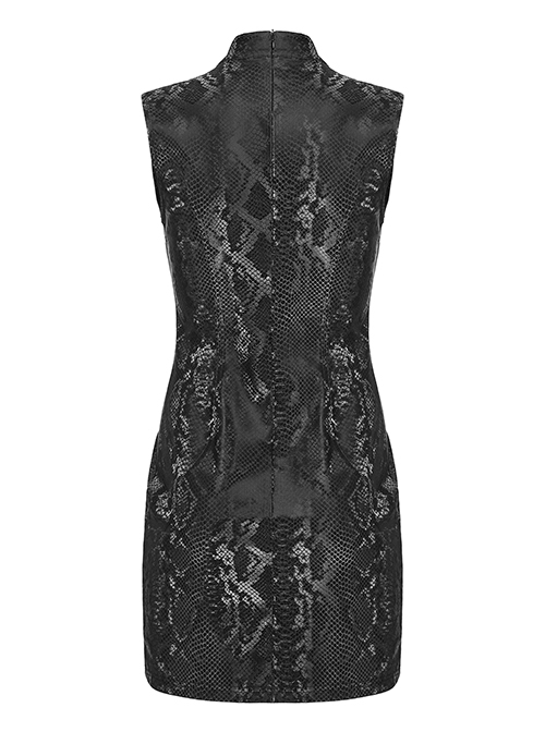 Black Stretch Snake Print Taped Patchwork Mesh Cut Out Metal Rings On The Front Punk Style Sleeveless Dress