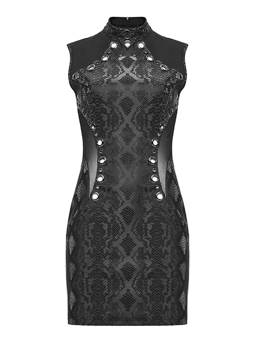 Black Stretch Snake Print Taped Patchwork Mesh Cut Out Metal Rings On The Front Punk Style Sleeveless Dress