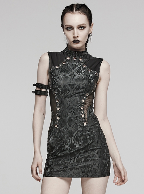 Black Stretch Snake Print Taped Patchwork Mesh Cut Out Metal Rings On The Front Punk Style Sleeveless Dress