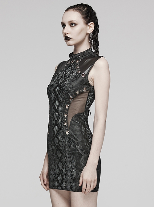 Black Stretch Snake Print Taped Patchwork Mesh Cut Out Metal Rings On The Front Punk Style Sleeveless Dress