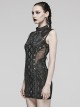 Black Stretch Snake Print Taped Patchwork Mesh Cut Out Metal Rings On The Front Punk Style Sleeveless Dress