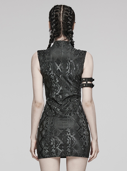 Black Stretch Snake Print Taped Patchwork Mesh Cut Out Metal Rings On The Front Punk Style Sleeveless Dress