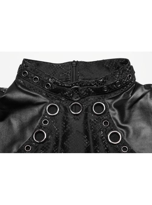 Black Stretch Snake Print Taped Patchwork Mesh Cut Out Metal Rings On The Front Punk Style Sleeveless Dress