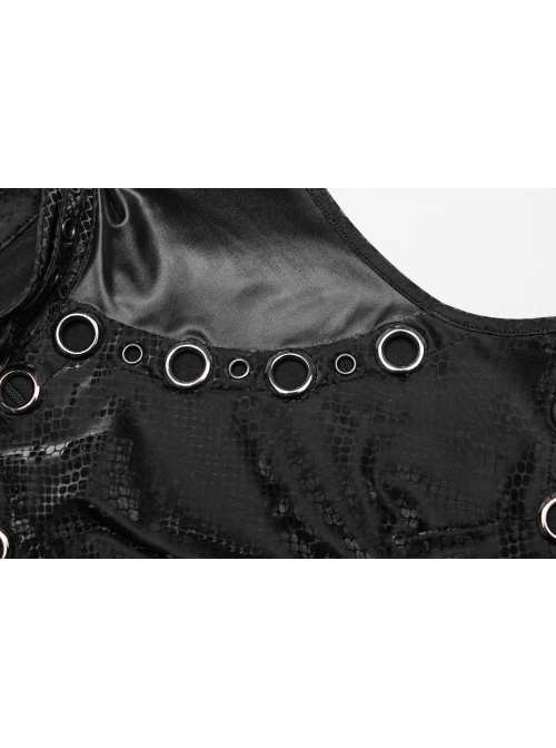 Black Stretch Snake Print Taped Patchwork Mesh Cut Out Metal Rings On The Front Punk Style Sleeveless Dress