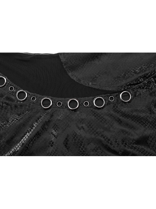 Black Stretch Snake Print Taped Patchwork Mesh Cut Out Metal Rings On The Front Punk Style Sleeveless Dress