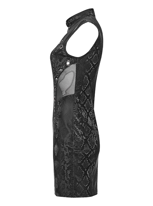 Black Stretch Snake Print Taped Patchwork Mesh Cut Out Metal Rings On The Front Punk Style Sleeveless Dress