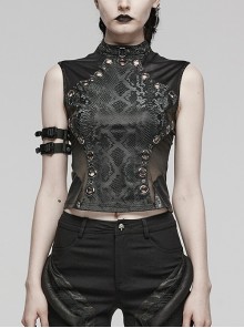 Black Elastic Snake Print Taped Patchwork Mesh With Front Hollow Metal Ring Decoration Punk Vest